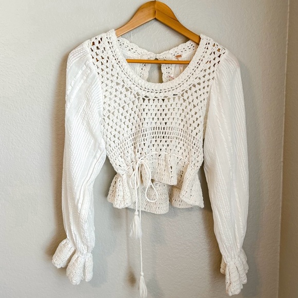 NWT, Free People Megan Ivory Crochet Long Sleeve Bohemian Crop Top, Size X-Small - Picture 2 of 13